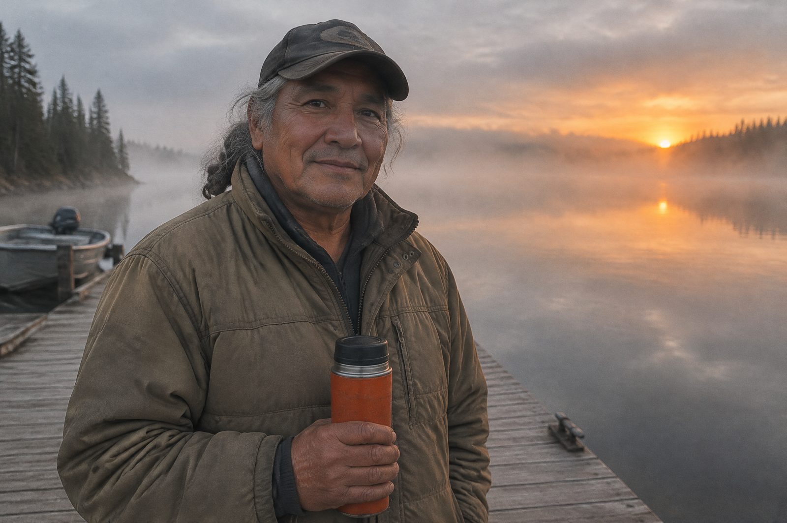 A First Nations man in his fifties with a thermos on a dock at dawn
